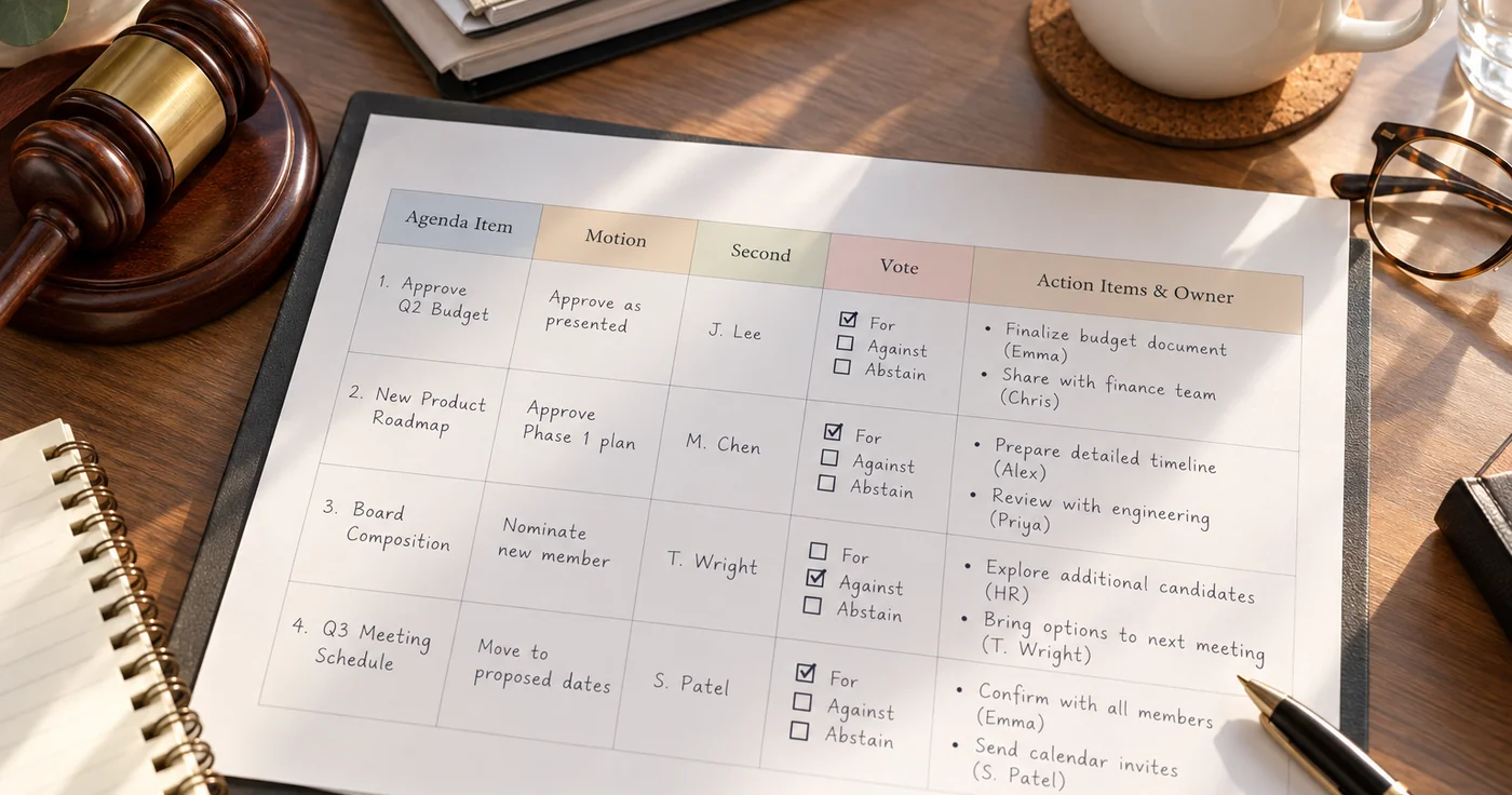 Board Meeting Minutes Template for Decisions and Actions