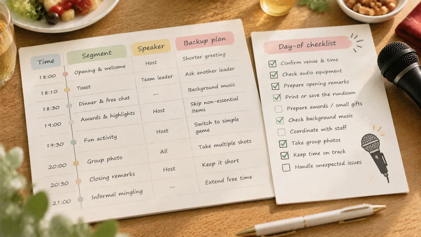 忘年会の司会進行台本と当日チェックリスト