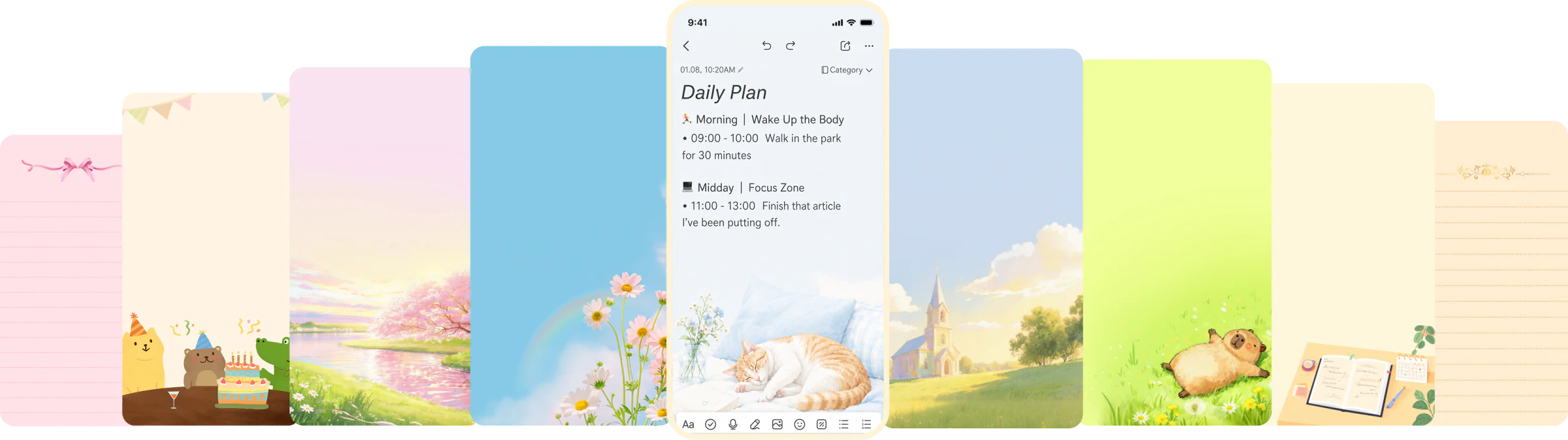 A row of illustrated note background themes in EasyNotes