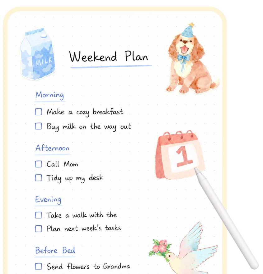 A weekend plan note decorated with EasyNotes stickers