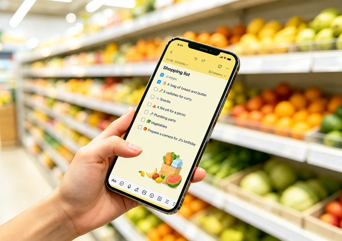 Checking off a shopping list in EasyNotes while grocery shopping